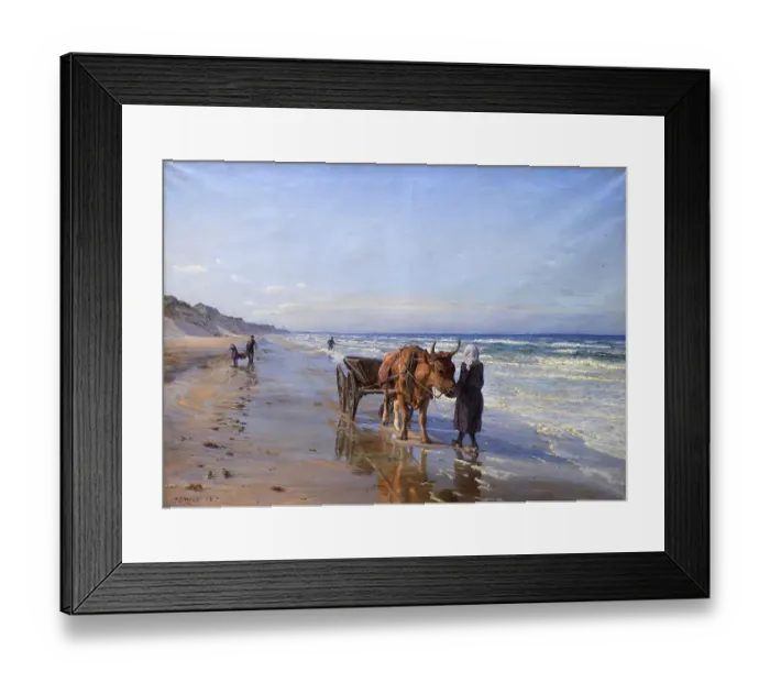 Framed Print : Coastal dwellers move along the beach with an ox cart looking for flotsam