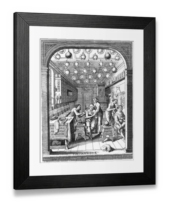 Framed Print : Medicine, Anatomy, Surgery, Two surgeons treat two seated male patients in a surgery