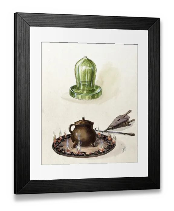 Framed Print : Medicine, anatomy, a cupping glass (above) and a pot on a fire