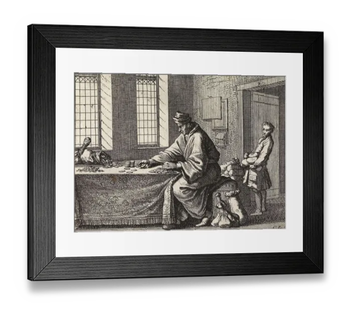 Framed Print : Man counting coins and a boy bringing him money bags
