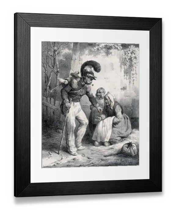 Framed Print : A soldier bends down to put some money into the hand of an old lady sitting by the side of the road