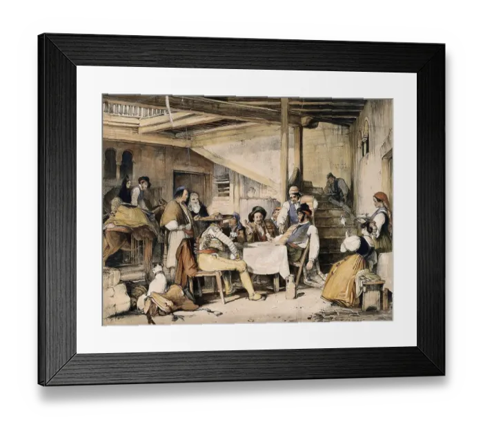 Framed Print : The interior of a posada with men smoking and playing cards while others and a mule rest nearby