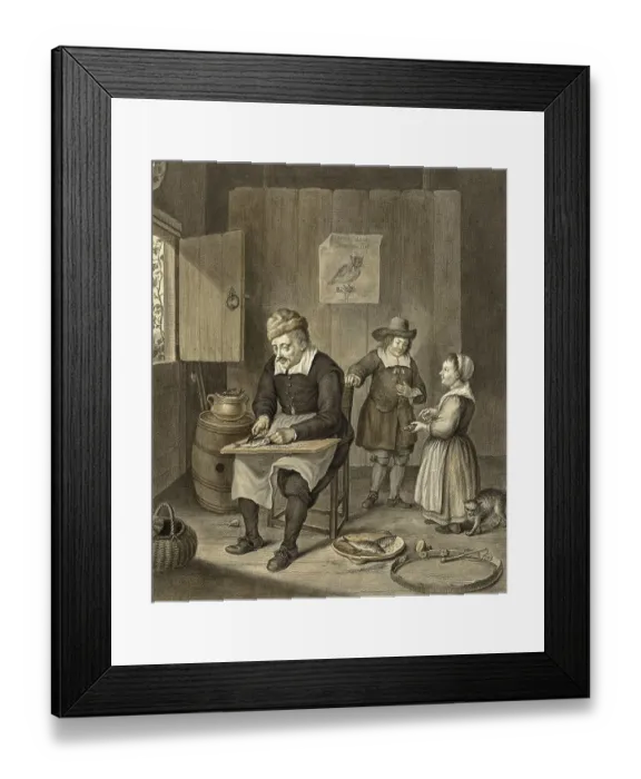 Framed Print : Interior with a man cleaning fish and two children are with in the room