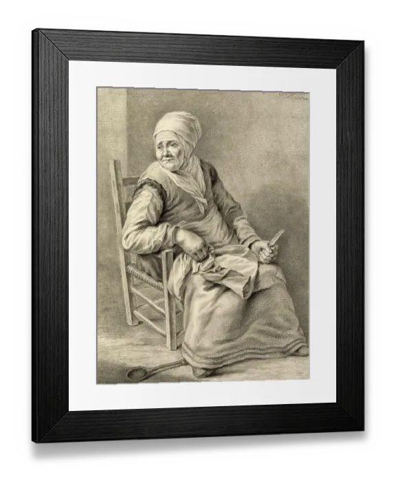 Framed Print : Seated old woman with knife in the kitchen