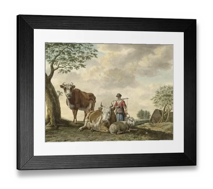 Framed Print : Milkmaid, maid, after milking the cows in the pasture she carries away the milk cans Framed Print : Milkmaid, maid, after milking the cows in the pasture she carries away the milk cans