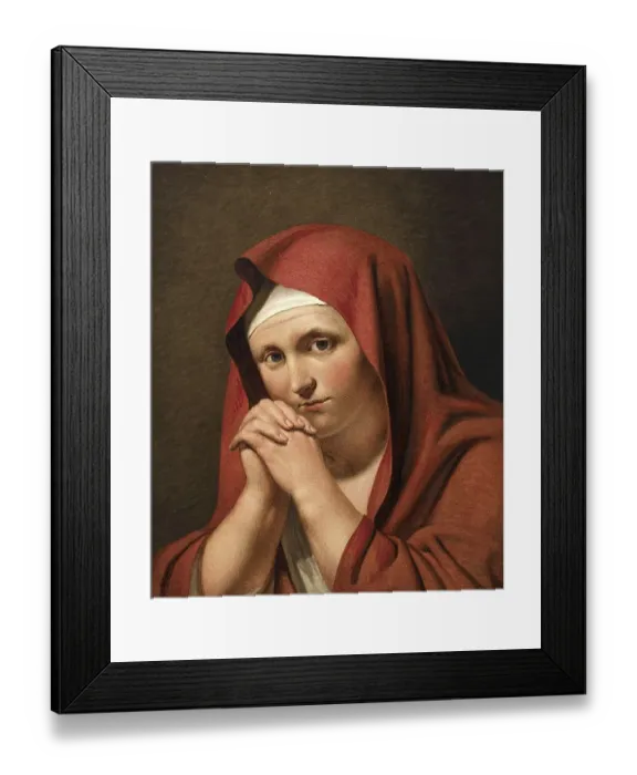 Framed Print : Woman in red, with folded hands Framed Print : Woman in red, with folded hands