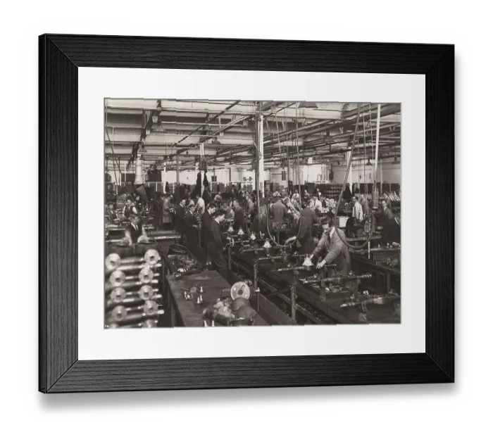 Framed Print : Wolseley factory interior with workers at machinery