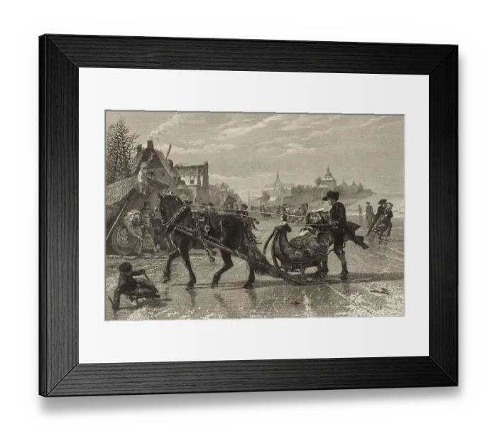 Framed Print : Horse-drawn sleigh on the ice, on the frozen village pond (1862)