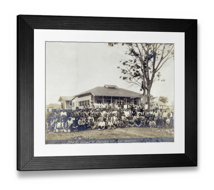 Framed Print : Italian migrant workers in front of their accommodation during the construction of the Panama Canal Framed Print : Italian migrant workers in front of their accommodation during the construction of the Panama Canal