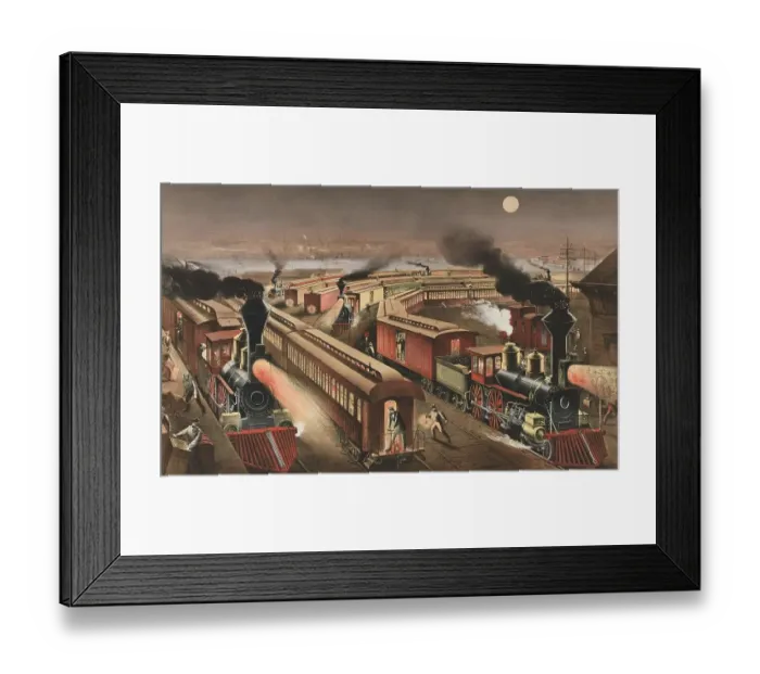 Framed Print : Night scene at an American railway junction