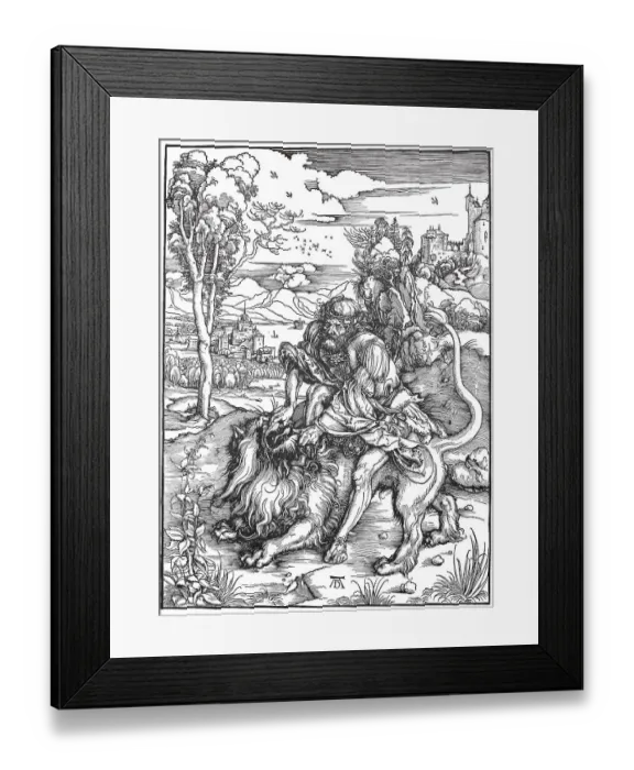 Framed Print : Samson fighting the lion, woodcut by Albrecht Duerer