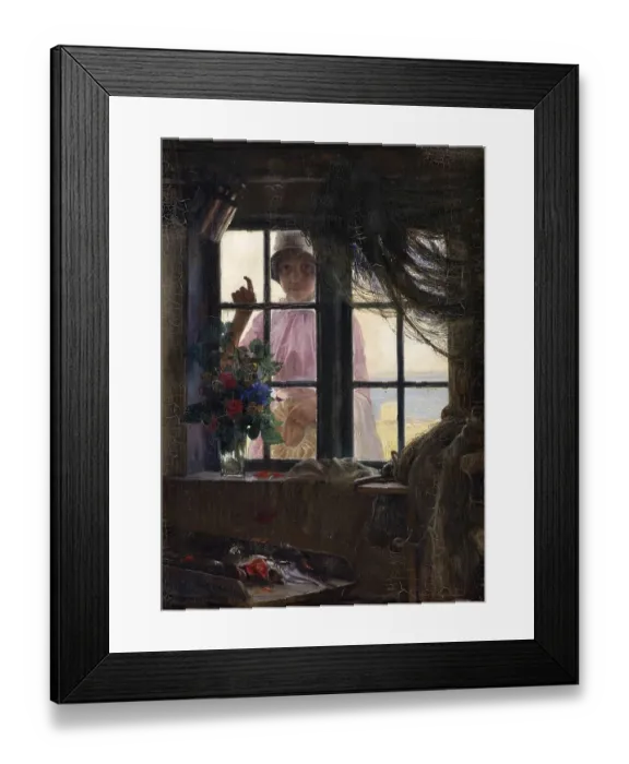 Framed Print : During bath time. A Young Girl Knocks on the Window of a Fisherman's House Framed Print : During bath time. A Young Girl Knocks on the Window of a Fisherman's House