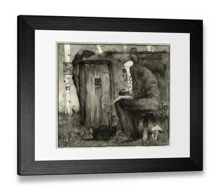 Framed Print : Old witch with an owl on her shoulder sitting in front of her witch's house