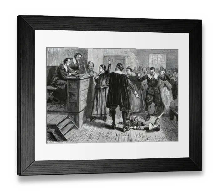 Framed Print : Witch trial, the accused witch has fainted in the courtroom