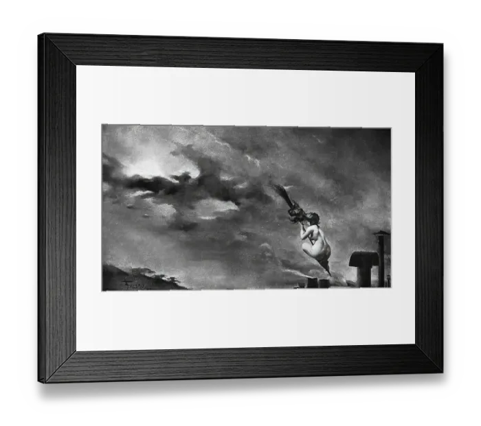 Framed Print : The belated witch flies on her broom over the roofs of the city Framed Print : The belated witch flies on her broom over the roofs of the city