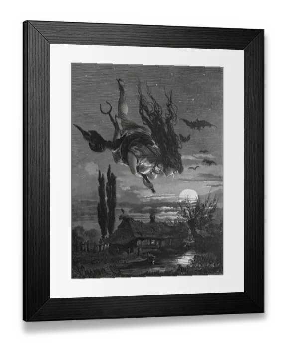 Framed Print : Witch flying through the night on a staff Framed Print : Witch flying through the night on a staff