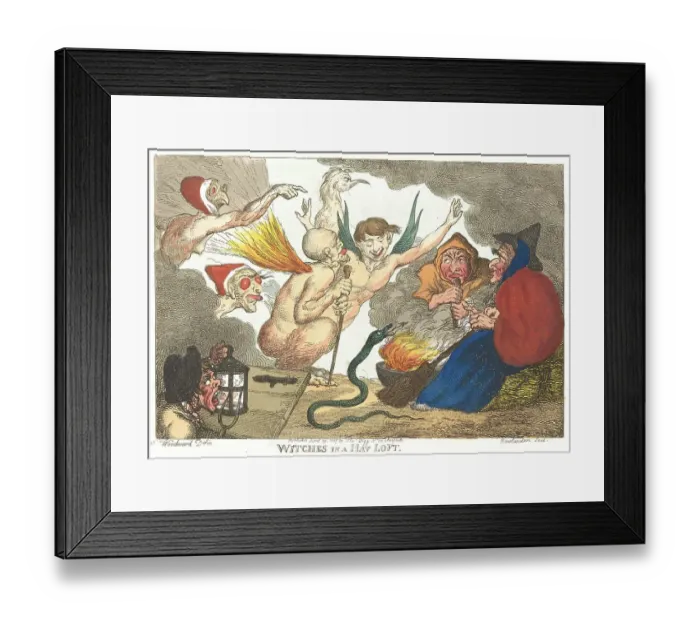 Framed Print : Witches in the haystack, witch meeting in a barn with various bizarre figures