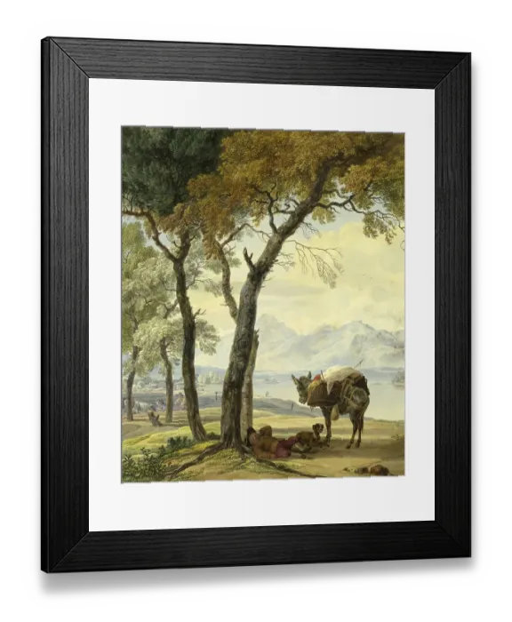 Framed Print : Sleeping Donkey Driver under a Tree by a Lake