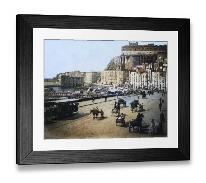 Framed Print : View of the quay in the Santa Lucia district of Naples with carts and horse-drawn carriages