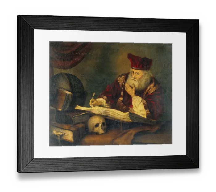 Framed Print : Doctor in his practice with textbooks and a skull