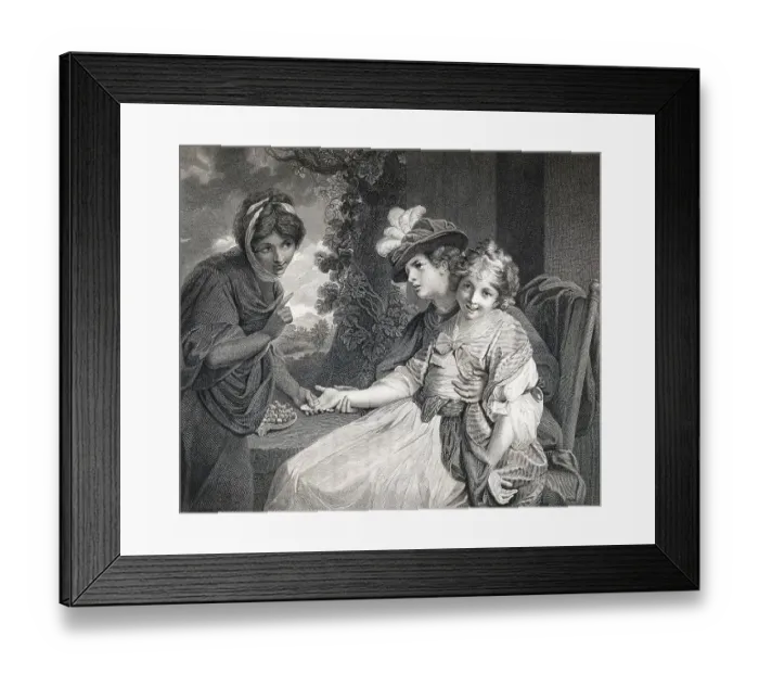 Framed Print : A fortune teller reads the hand of a woman with a little girl on her lap