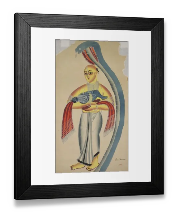 Framed Print : A serpent protects Vasudeva who is carrying his young son Krishna to safety
