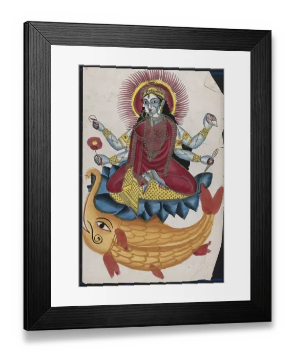 Framed Print : Saraswati sitting on a lotus with her elephant fish