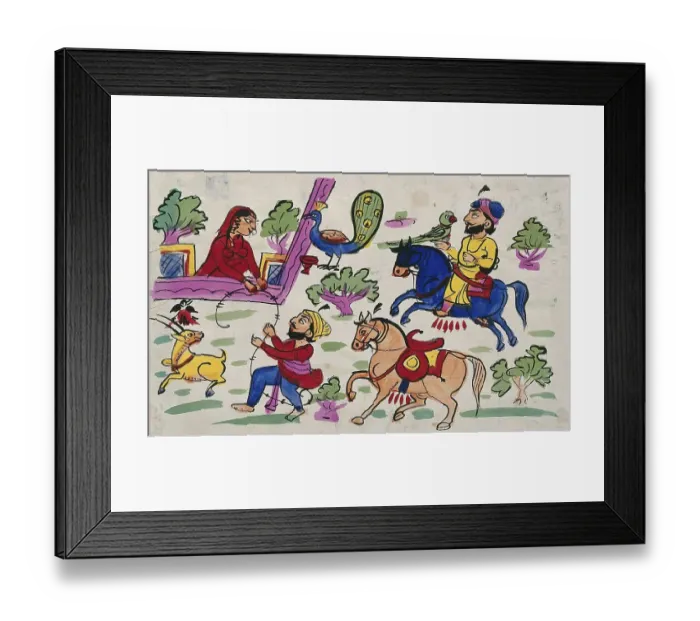Framed Print : A hunting party meets a woman feeding a peacock