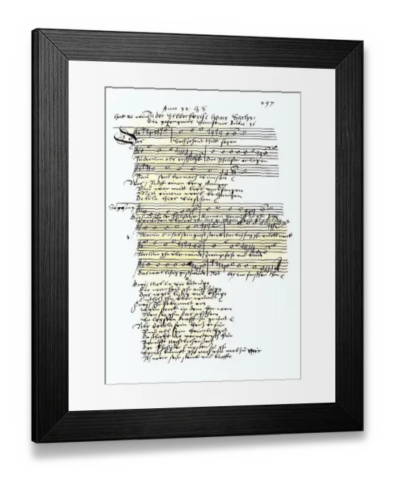 Framed Print : Digitally restored, Facsimile of a Masters song from Adam Puchmanns masters book