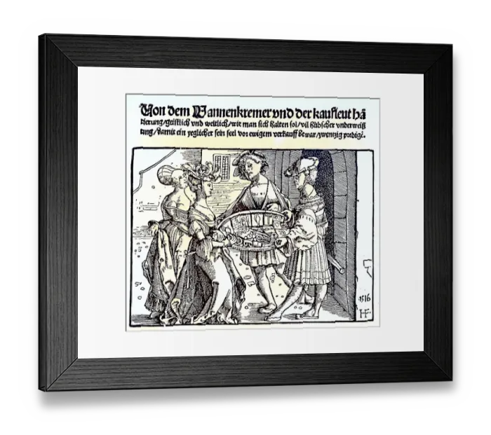 Framed Print : Digitally restored, Costumes, woman examine the goods of the peddlers