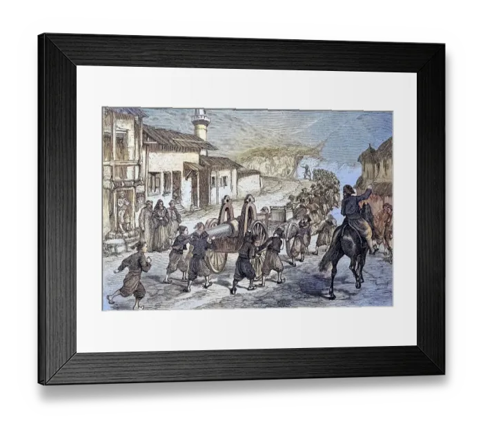 Framed Print : Turkish children pulling a Krupp canon through a village at Erzurum to their destination