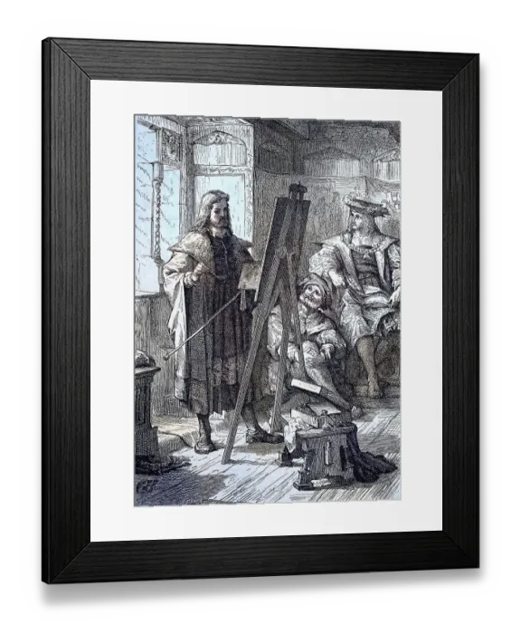 Framed Print : Albrecht Duerer stands at the easel and paints the portrait of Emperor Maximilian I