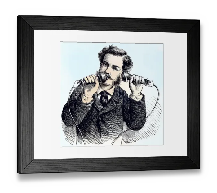 Framed Print : Man demonstrates the practical application of the phone