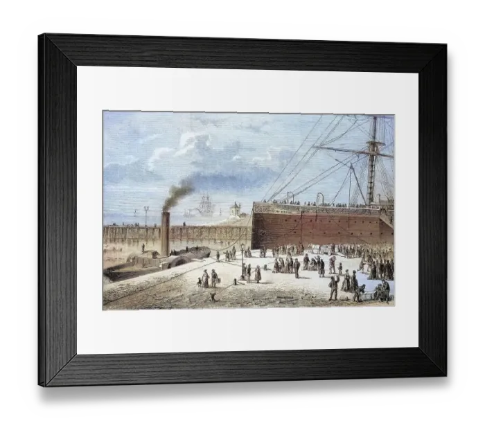 Framed Print : Ships Moselle and Simson shortly in front of the bomb attack on the emigrant ship in Bremerhaven harbour on 11 December Framed Print : Ships Moselle and Simson shortly in front of the bomb attack on the emigrant ship in Bremerhaven harbour on 11 December