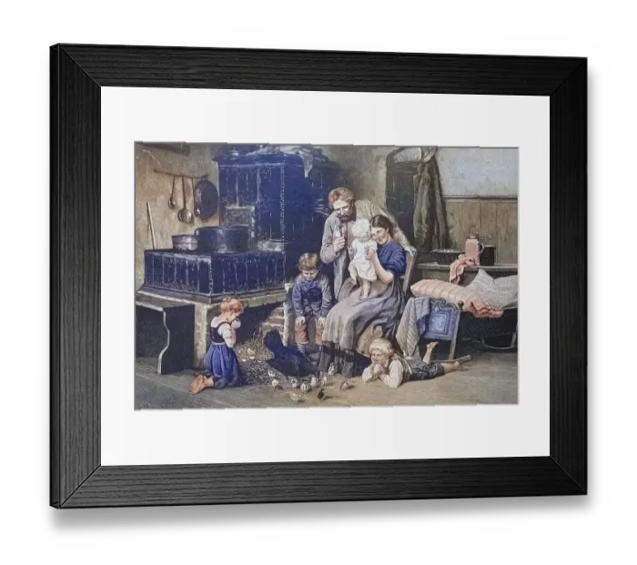 Framed Print : Family idyll in a farmer's living room with freshly hatched chicks