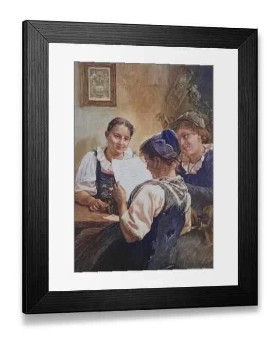 Framed Print : Maedchen liest mit Freundinnen einen Liebesbrief Framed Print : Maedchen liest mit Freundinnen einen Liebesbrief