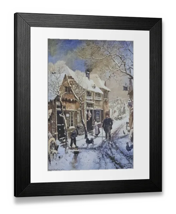 Framed Print : Tradesman wandering through a village in winter and being watched suspiciously by the inhabitants