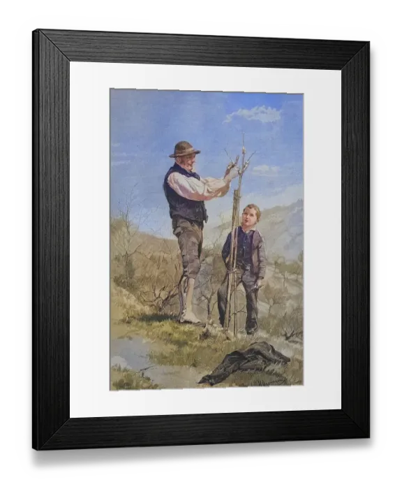 Framed Print : Lessons in tree grafting, farmer showing his boy how to cut the branches and vines