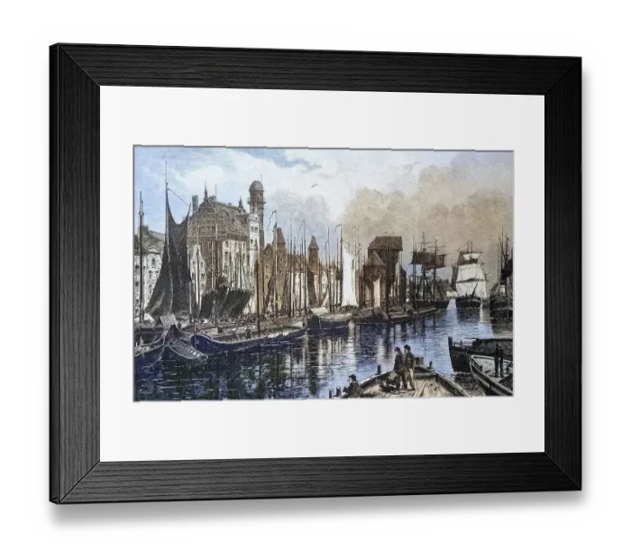 Framed Print : Gdansk, Gdansk in 1880, warehouses and cranes along the Motlawa river Framed Print : Gdansk, Gdansk in 1880, warehouses and cranes along the Motlawa river