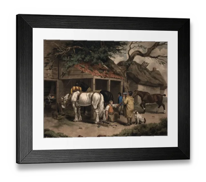 Framed Print : The blacksmith in his forge with a horse for shoeing Framed Print : The blacksmith in his forge with a horse for shoeing
