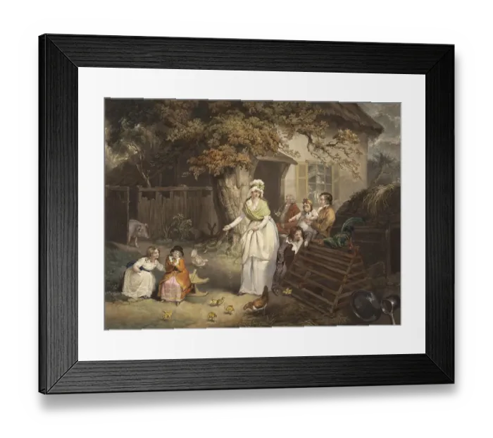Framed Print : Scene on a farm in England, woman feeding chickens Framed Print : Scene on a farm in England, woman feeding chickens