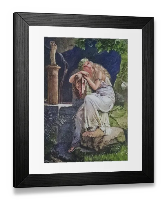 Framed Print : Young woman sitting daydreaming by the fountain in the garden
