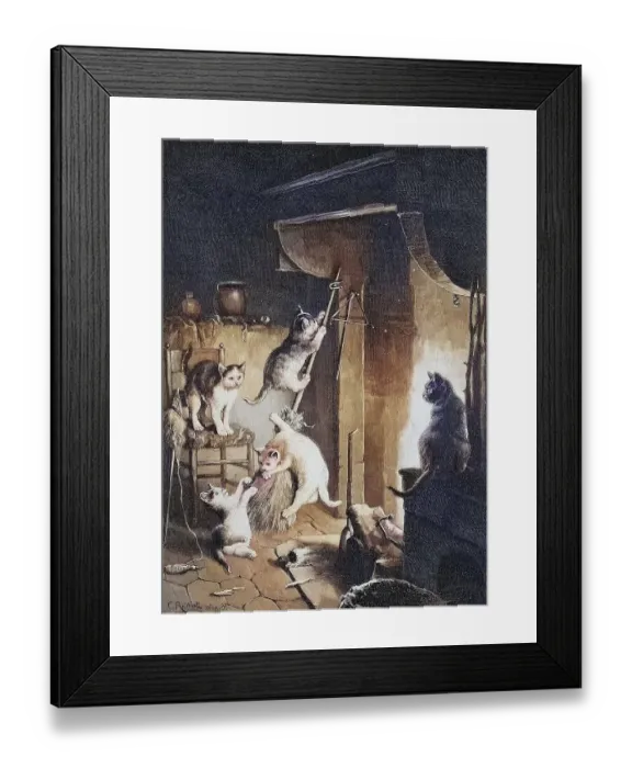 Framed Print : Walpurgisnacht der Katzen, viele Katzen spielen im Zimmer mit einem Besen