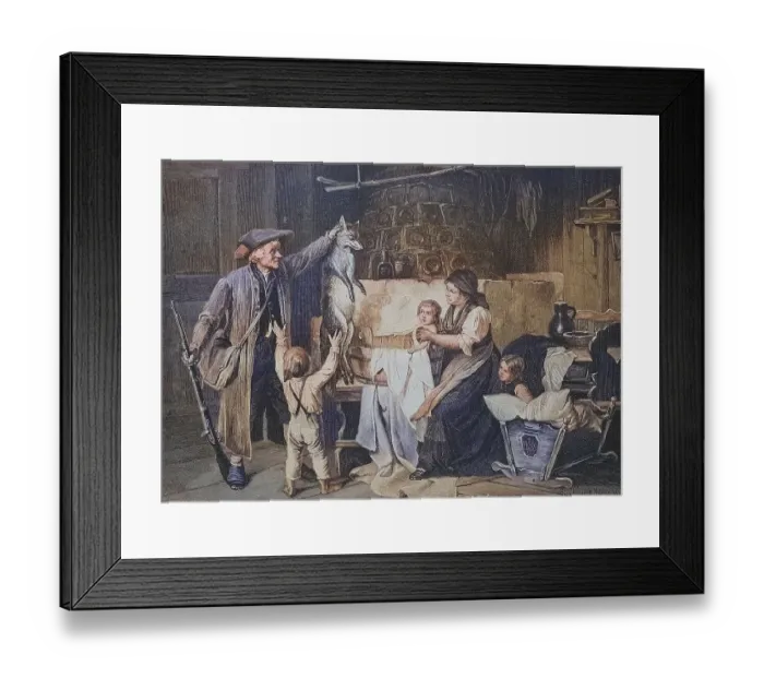 Framed Print : Hunter brings home a shot fox and presents it to his family