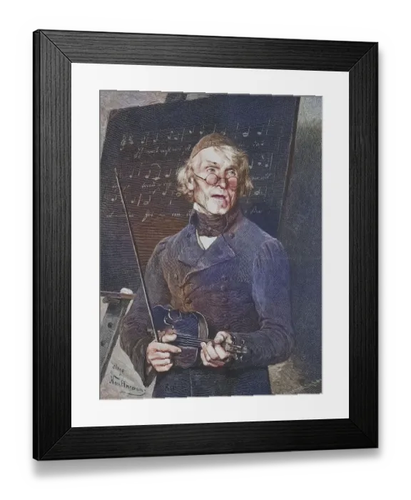 Framed Print : Old music teacher with violin standing in front of a table with sheet music