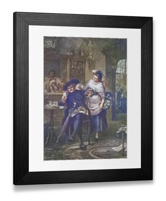 Framed Print : Pushy flower seller in an inn, the guest tries to fend her off Framed Print : Pushy flower seller in an inn, the guest tries to fend her off