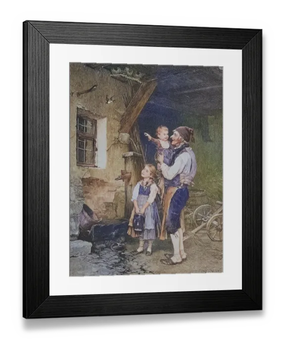 Framed Print : Farmer shows the children the nest-building swallows