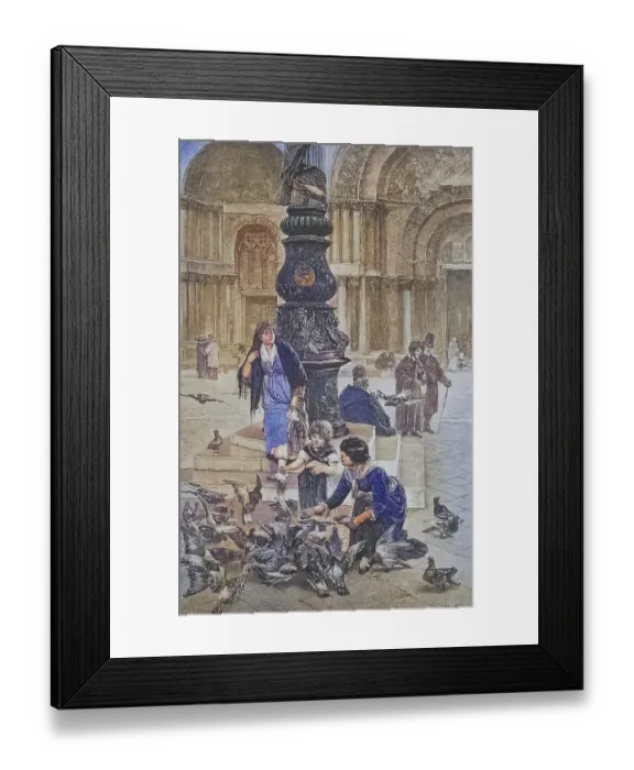 Framed Print : Children feeding pigeons in St Mark's Square in Venice