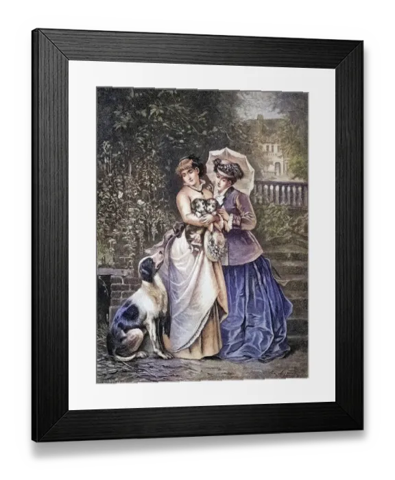 Framed Print : Frauen mit Hundewelpen, die Frauen haben die Welpen im Arm und die Hundemutter beobachtet die Szene skeptisch Framed Print : Frauen mit Hundewelpen, die Frauen haben die Welpen im Arm und die Hundemutter beobachtet die Szene skeptisch