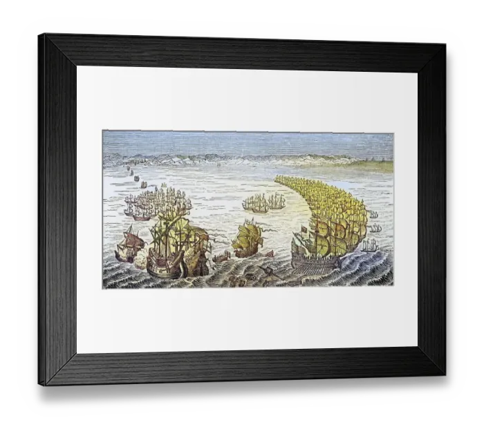 Framed Print : The English fleet under the command of Sir Francis Drake attacking the Spanish Armada in 1588